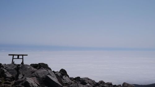 Scenic view of sea at rocky shore against sky