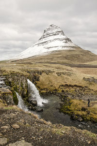 Church mountain and waterfall in iceland