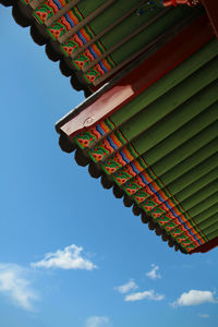 Low angle view of ornate wooden roof of gwanghwamun gate