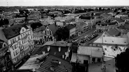 High angle view of cityscape against sky