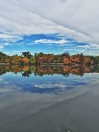 Scenic view of lake against cloudy sky