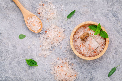 High angle view of salt in bowl