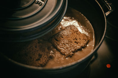 High angle view of chocolate cake in container