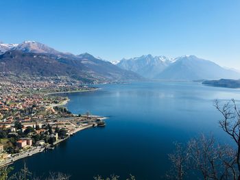 Scenic view of lake and mountains against clear blue sky