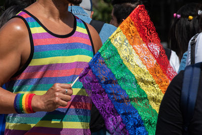 High angle view of people holding multi colored umbrella