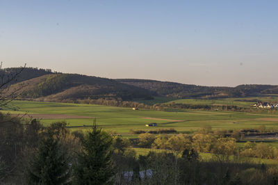 Scenic view of agricultural field against clear sky