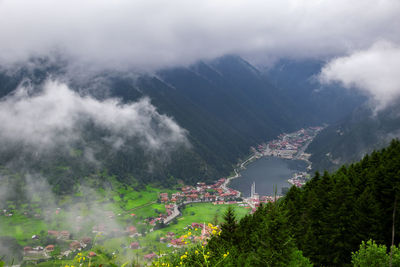 Aerial view of townscape against sky. uzungol landscape in trabzon.