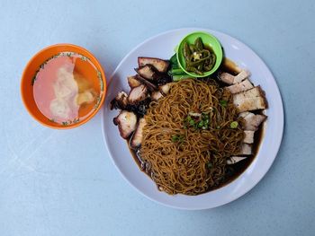 High angle view of meal served on table