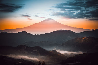 Scenic view of mountains against sky during sunset