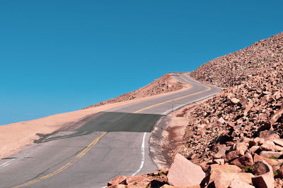 Scenic view of desert against clear blue sky