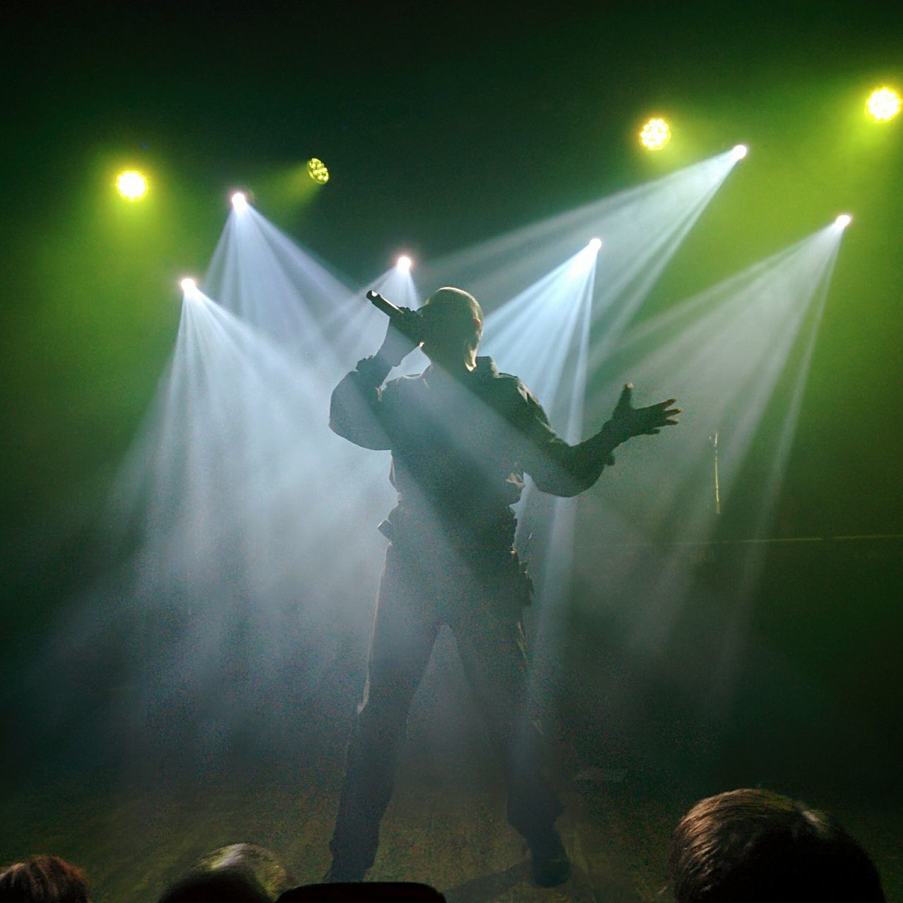 stage - performance space, illuminated, performance, stage light, performing arts event, real people, arts culture and entertainment, music, light beam, night, popular music concert, nightlife, crowd, men, outdoors, fan - enthusiast, one person, people