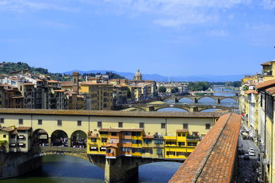 Bridge over river amidst buildings in city against sky