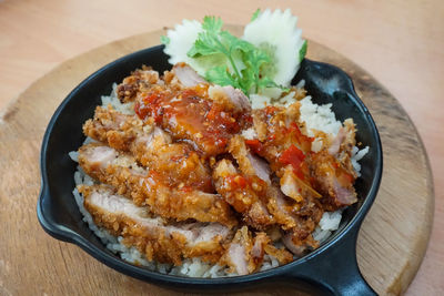 High angle view of food in plate on table