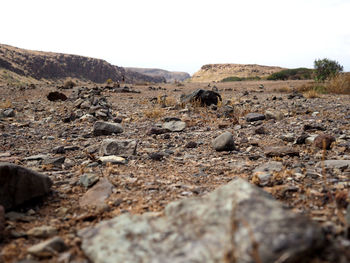 Rocks on landscape against clear sky