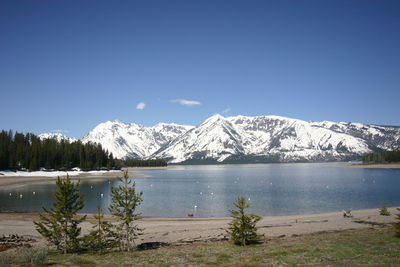 Scenic view of lake and snowcapped mountains against sky