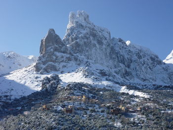 Scenic view of snowcapped mountains against clear sky