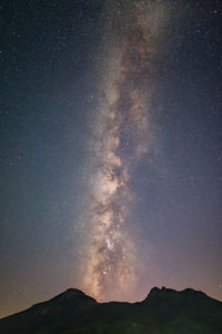 Scenic view of mountains against star field at night