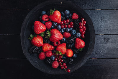 High angle view of strawberries in bowl on table