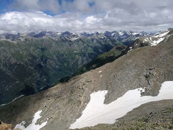 Scenic view of mountains against cloudy sky