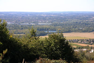 High angle view of trees and plants against sky