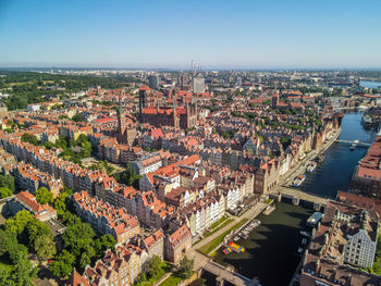 High angle view of old town against sky, aerial view on the old town in gdansk, poland