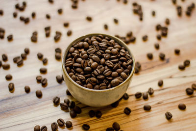 High angle view of coffee beans on table