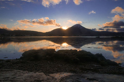 Scenic view of lake against sky during sunset