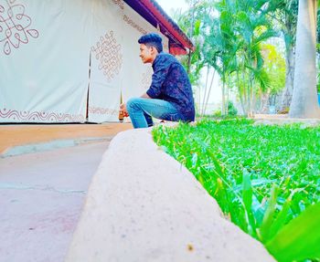 Rear view of boy with plants in foreground