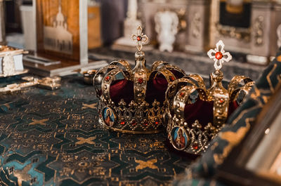 Close-up of christmas decorations on table