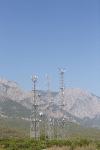 Electricity pylon on land against clear sky