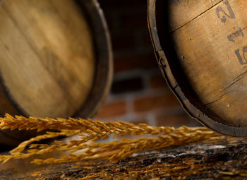 Close-up of beer on wooden floor