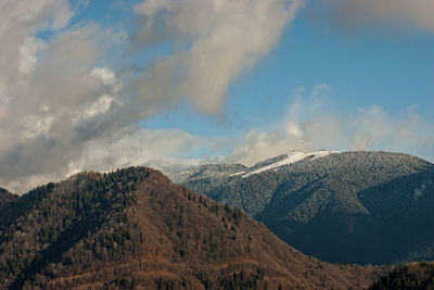 Panoramic view of snowcapped mountains against sky