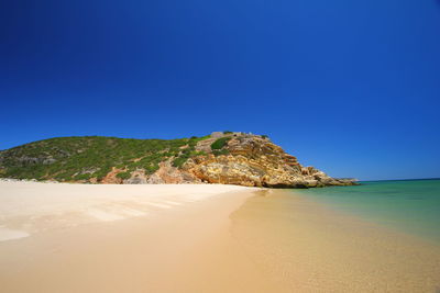 Scenic view of beach against clear blue sky