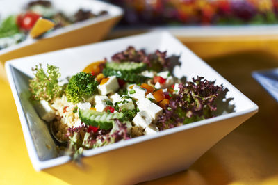 Close-up of salad served in plate on table