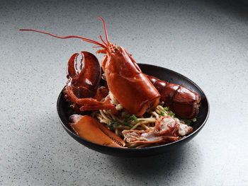 High angle view of prawns in bowl on table