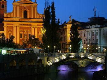 Bridge over river in city at night