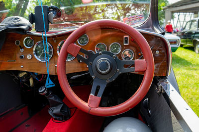 Interior view of old vintage car. view on dashboard of classic car.