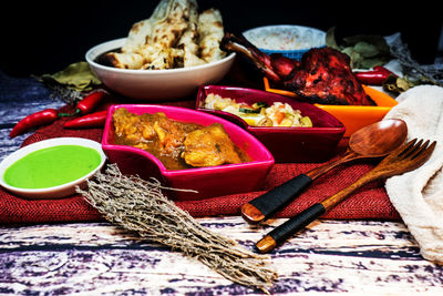 High angle view of various food on table