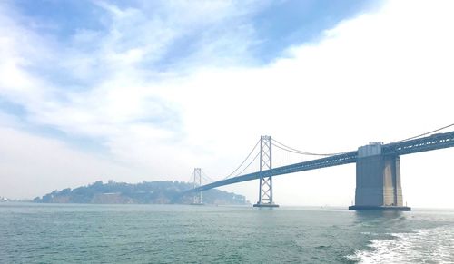 View of suspension bridge against cloudy sky