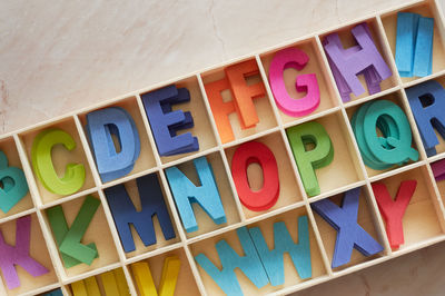 High angle view of toys on shelf