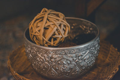 High angle view of noodles in bowl on table