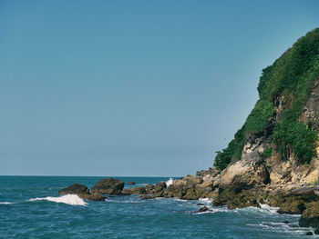 Scenic view of sea against clear blue sky