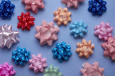 High angle view of multi colored candies on table