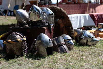 Close-up of horse cart on field