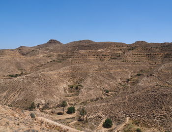 Scenic view of arid landscape against clear blue sky