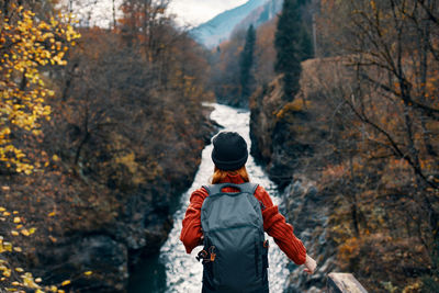 Rear view of man in forest during autumn