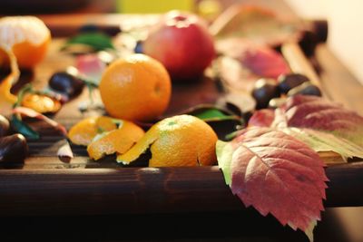 Close-up of served fruits on table