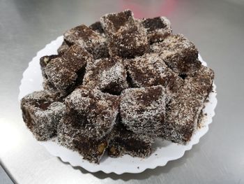 High angle view of dessert in plate on table