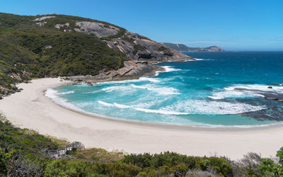 Scenic view of sea against clear blue sky