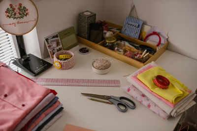 High angle view of books on table